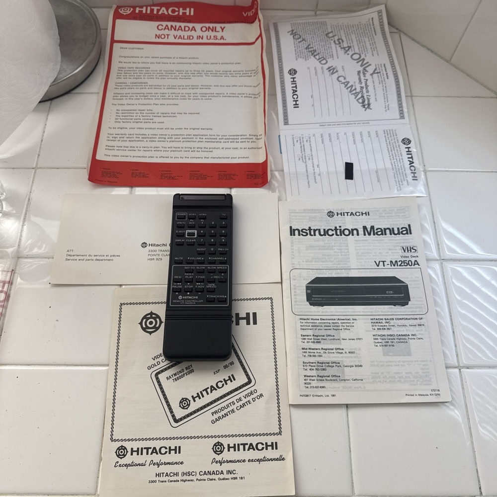 Hitachi VT-RM250A Remote Control NOS with  owners manuals VTG vintage